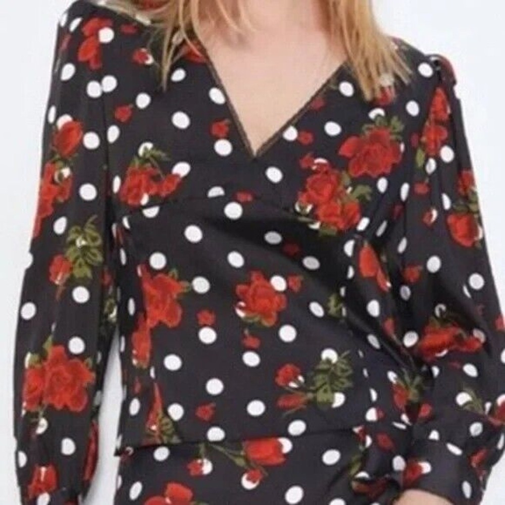 Zara Women Rose Print Long Sleeve Blouse XS Black Polka Dot Lace Trim Side Zip